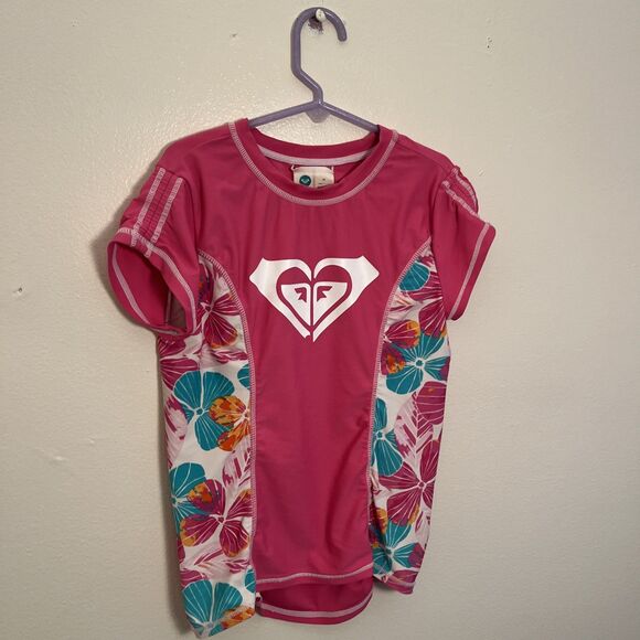 ROXY Girls Tropicool Floral Pink Swim Rashguard Top, Short Sleeve- Size 10 - Picture 3 of 8